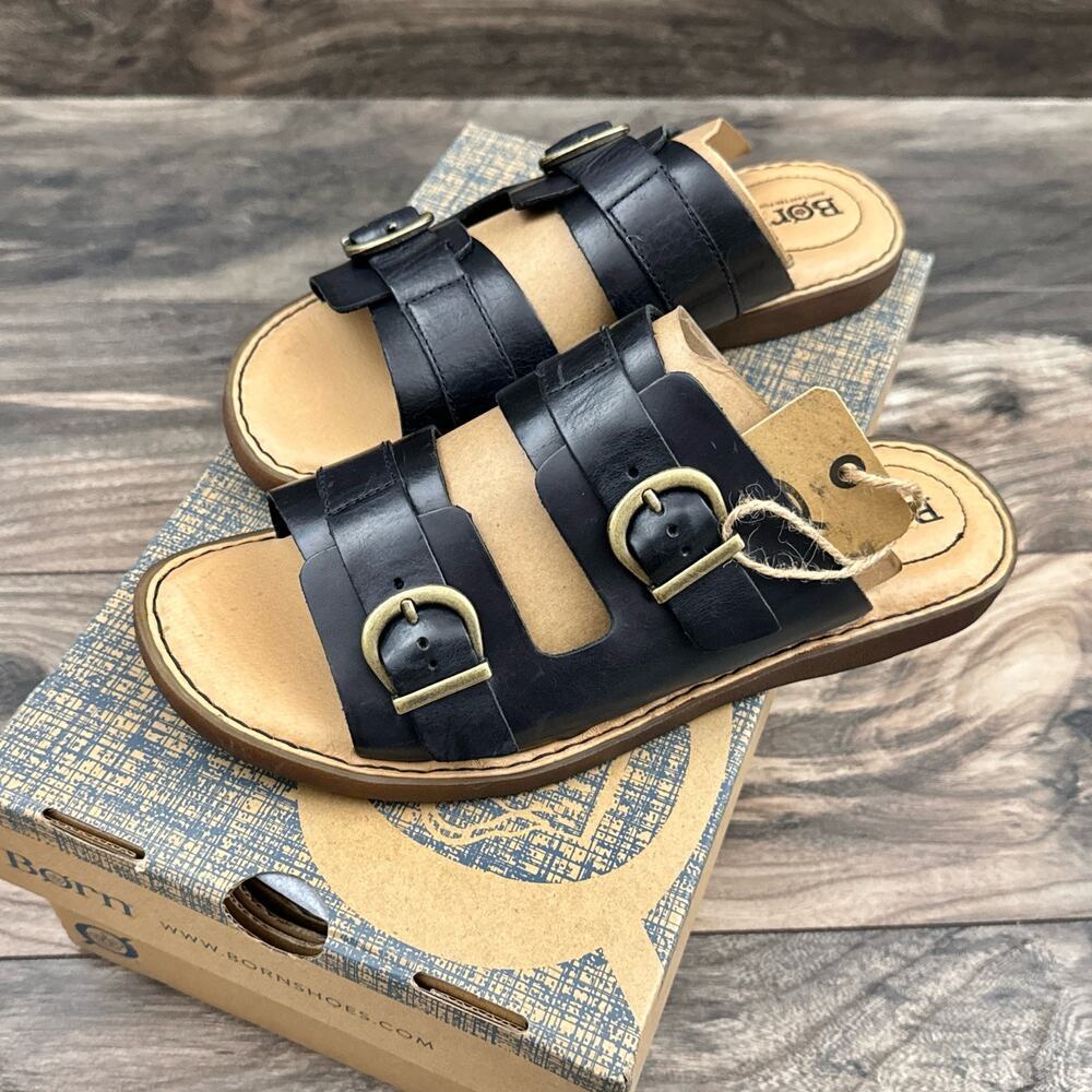 NIB Born Henna 7M Comfort Black Leather Slide Sandals - Picture 6 of 11